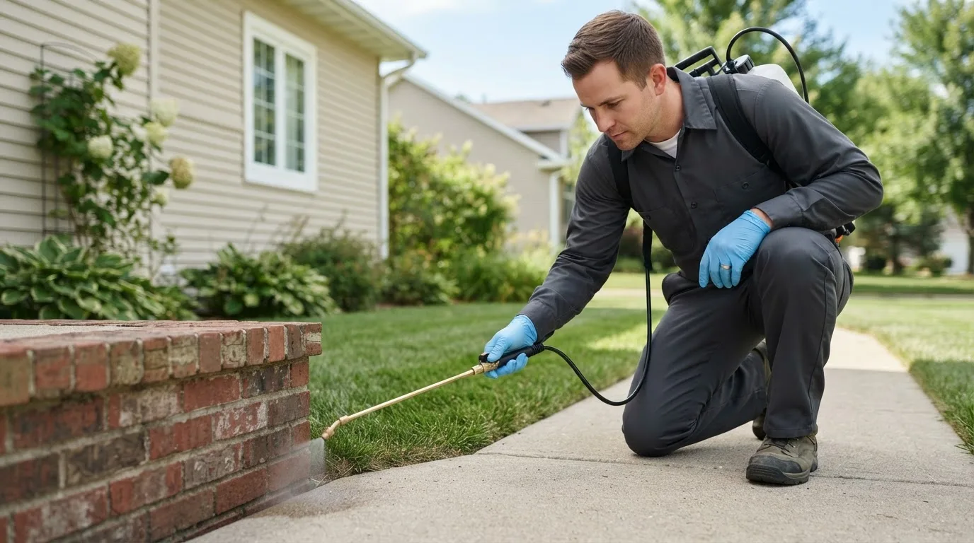 Pest control technician treating a home near Elyria, OH