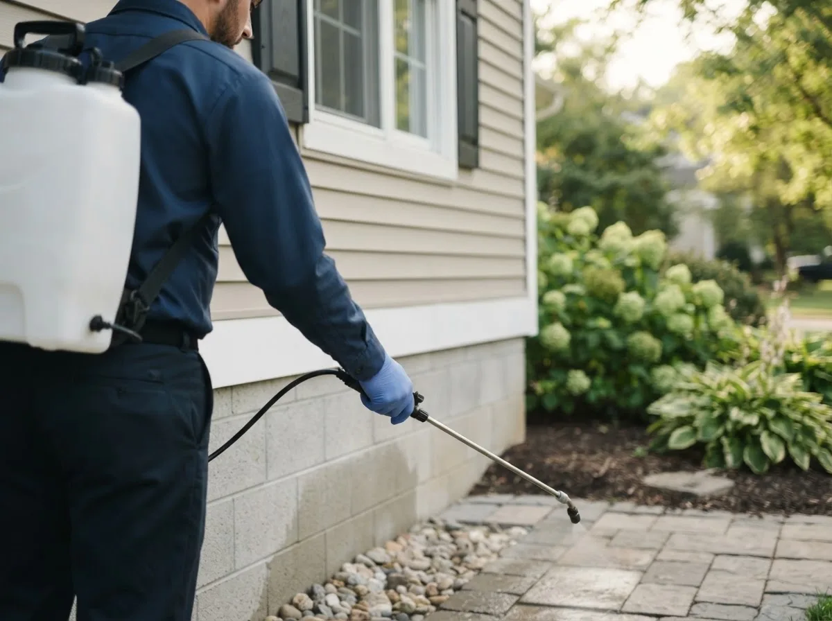 Pest control technician inspecting a home in Elyria, OH